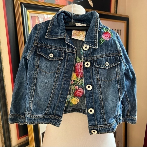 Mim-Pi: Multicolored Back Floral Embroidered Button Up Jean Denim Jacket Size 4Y - Picture 4 of 10